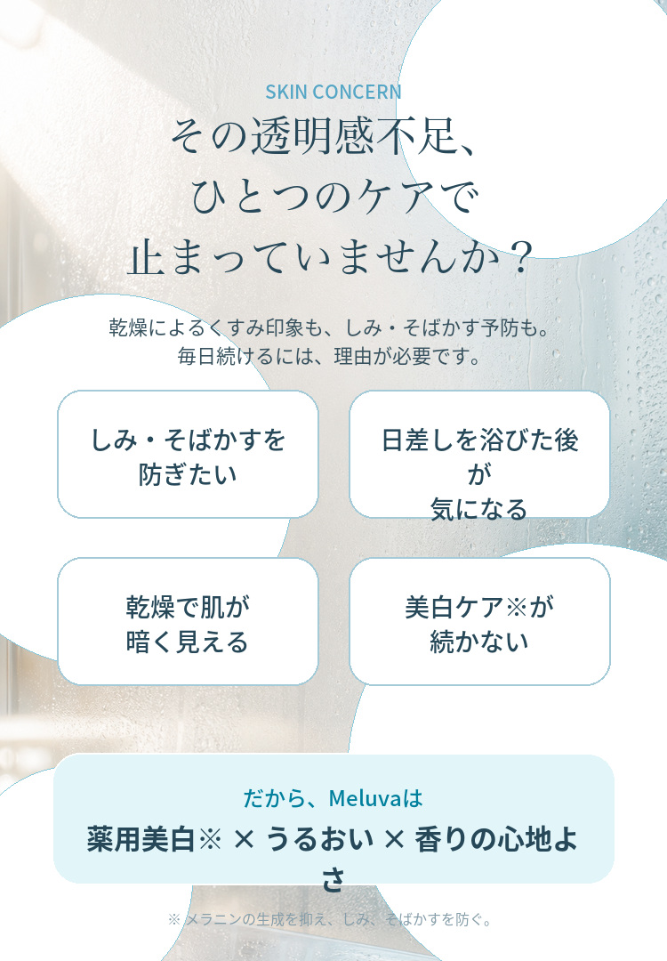 透明感不足やしみそばかす予防、乾燥悩みへの共感