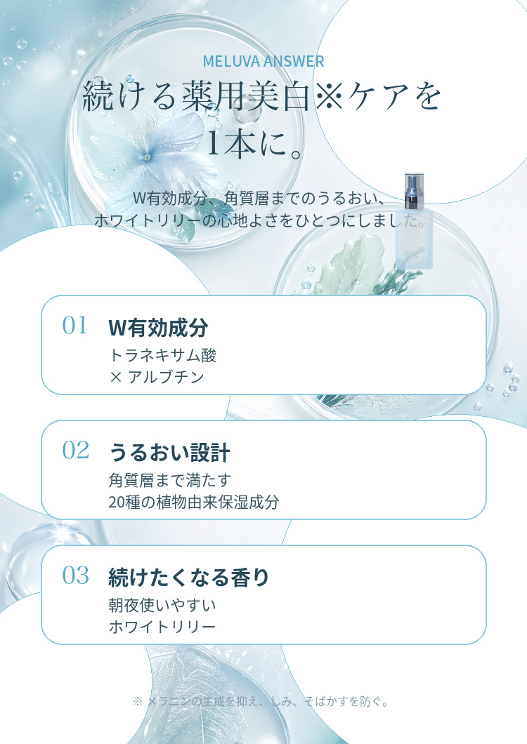 MeluvaはW有効成分、うるおい、香りを1本にした薬用美白ケア